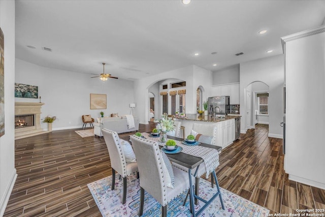 dining space featuring sink and ceiling fan