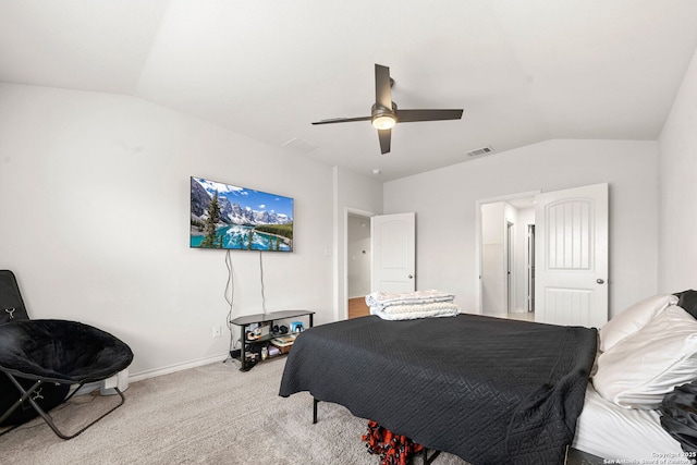 bedroom featuring ceiling fan, light colored carpet, and lofted ceiling