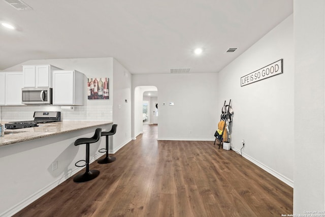 kitchen featuring light stone counters, white cabinetry, tasteful backsplash, appliances with stainless steel finishes, and dark hardwood / wood-style flooring