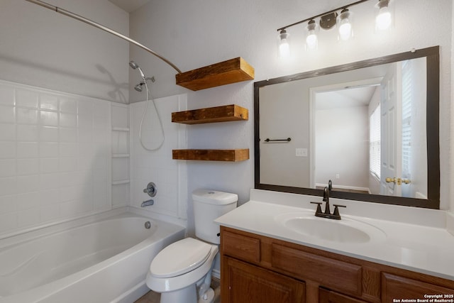 full bath featuring vanity, bathing tub / shower combination, and toilet