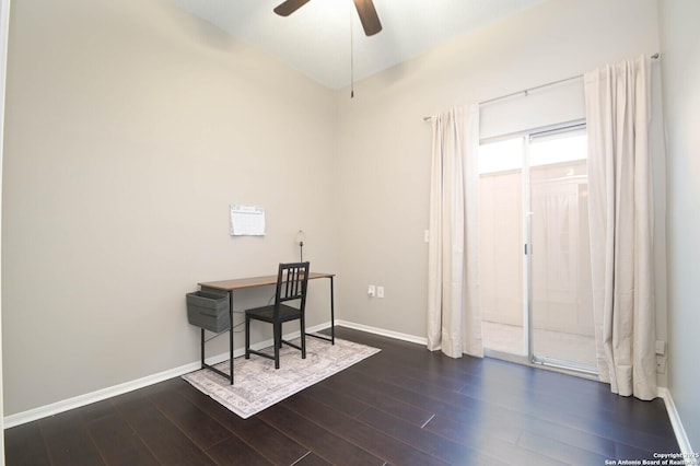 office space featuring ceiling fan and dark hardwood / wood-style floors