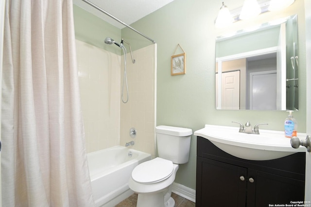 full bathroom featuring vanity, toilet, and shower / bathtub combination with curtain