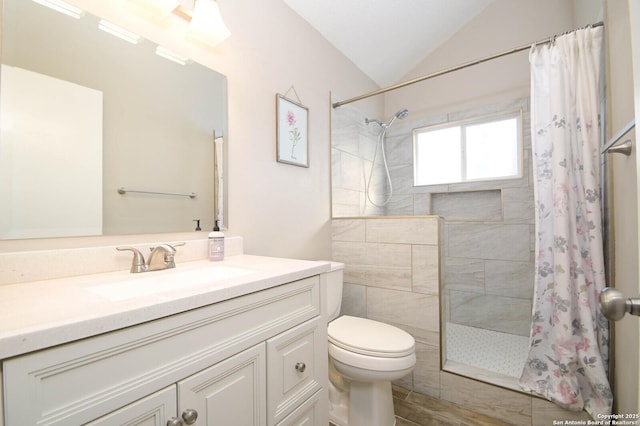 bathroom with lofted ceiling, vanity, toilet, and walk in shower