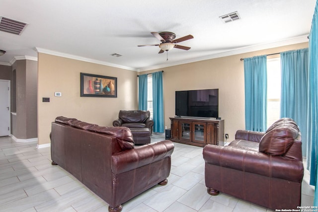 living room featuring crown molding and ceiling fan