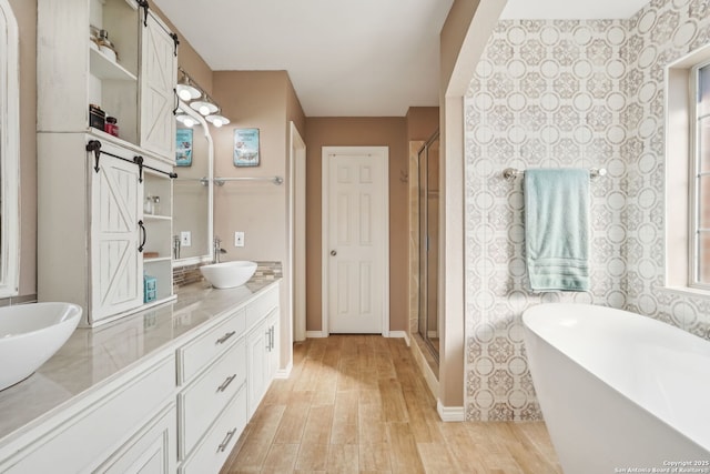 bathroom featuring vanity, wood-type flooring, and independent shower and bath