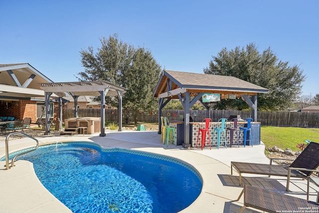 view of swimming pool featuring an outdoor bar, a pergola, a gazebo, a patio area, and a hot tub