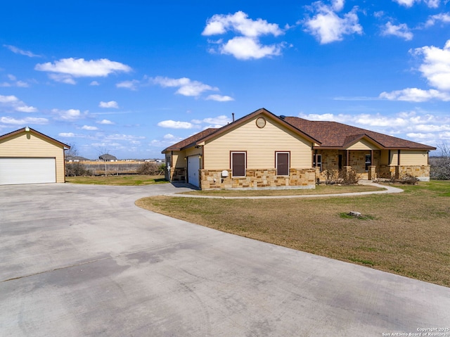 ranch-style house with a porch, stone siding, roof with shingles, and a front lawn