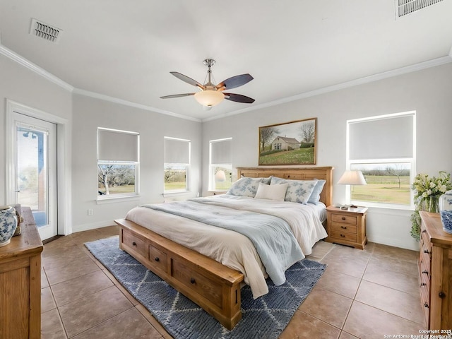 tiled bedroom with ceiling fan, ornamental molding, and access to outside