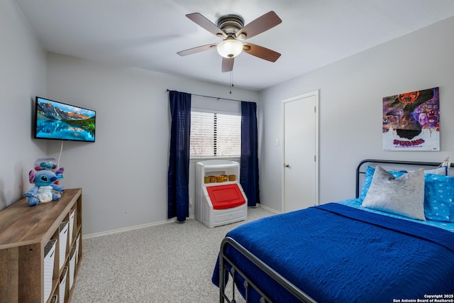 bedroom with light carpet and ceiling fan