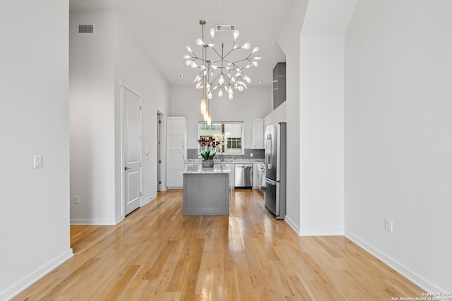 kitchen featuring visible vents, a kitchen island, stainless steel appliances, light wood-style floors, and white cabinetry