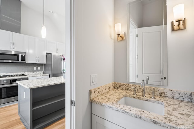 bathroom with tasteful backsplash, vanity, and wood finished floors