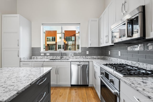 kitchen featuring light wood finished floors, stainless steel appliances, backsplash, white cabinets, and a sink