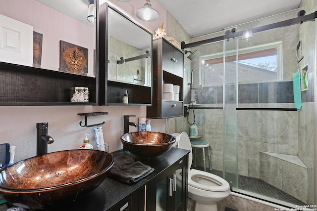 bathroom featuring vanity, a shower with shower door, and toilet