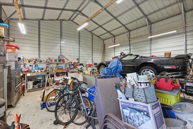 garage with a workshop area