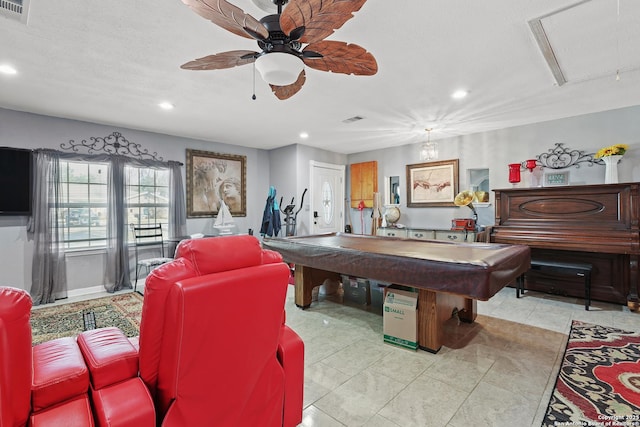 playroom with ceiling fan, billiards, a textured ceiling, and light tile patterned floors