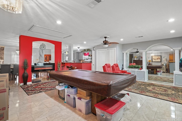 rec room featuring ceiling fan, billiards, decorative columns, and light tile patterned floors