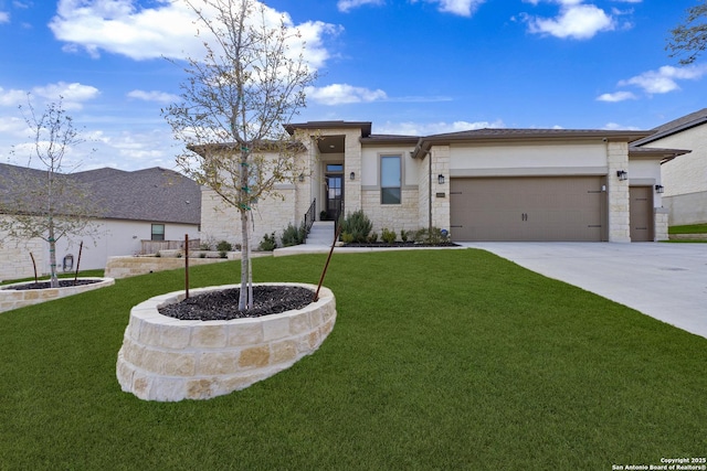 prairie-style house with a garage and a front yard