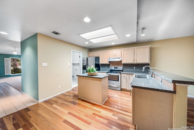 kitchen with tasteful backsplash, sink, a center island, kitchen peninsula, and stainless steel appliances