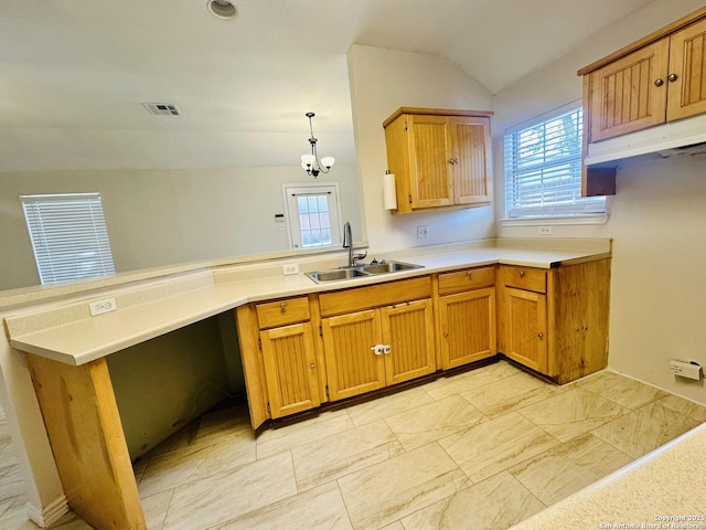 kitchen featuring a healthy amount of sunlight, sink, pendant lighting, and kitchen peninsula