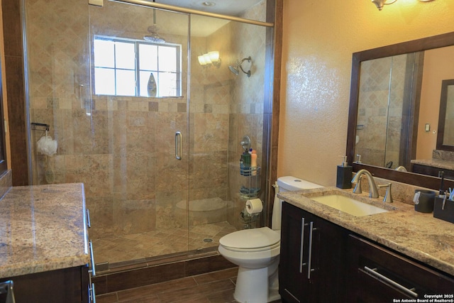 bathroom with vanity, toilet, and an enclosed shower