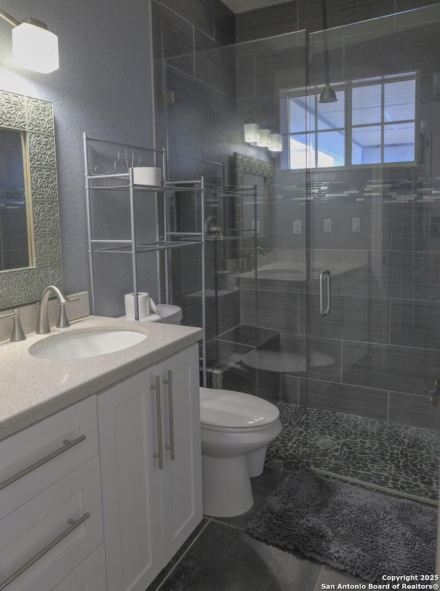 bathroom featuring vanity, toilet, and an enclosed shower