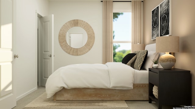 bedroom featuring light colored carpet