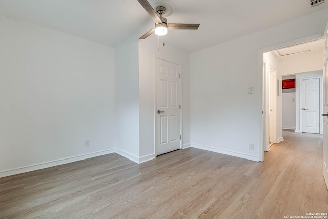 empty room featuring ceiling fan and light hardwood / wood-style floors