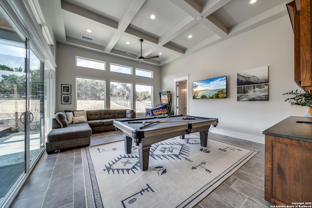 playroom with billiards, a high ceiling, coffered ceiling, ceiling fan, and beam ceiling