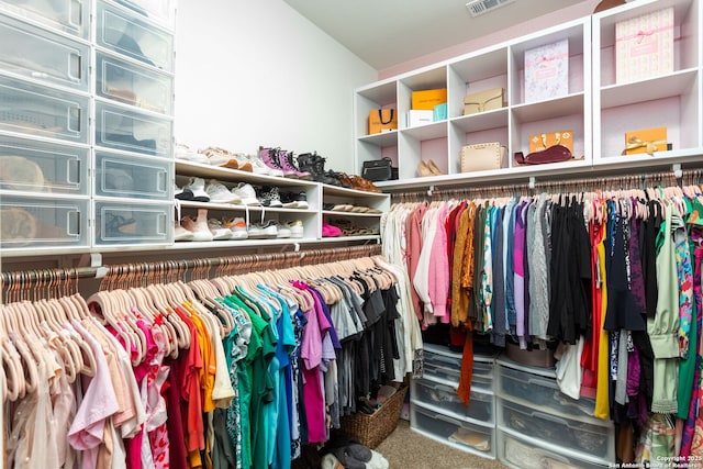 walk in closet with carpet