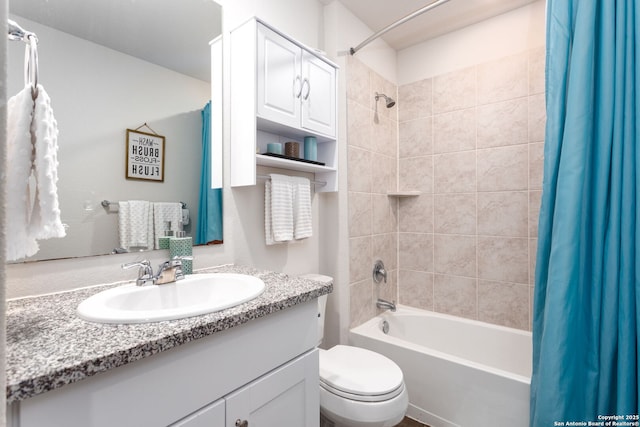 full bathroom with shower / bathtub combination with curtain, vanity, and toilet