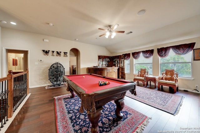 game room featuring vaulted ceiling, dark hardwood / wood-style floors, ceiling fan, and billiards