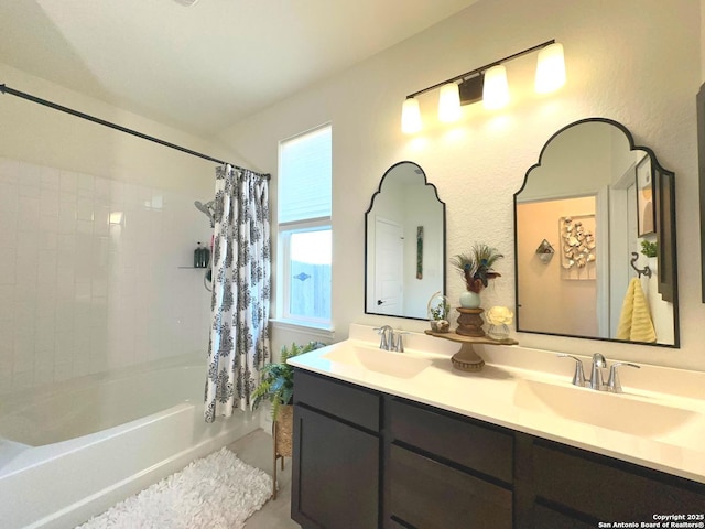 bathroom with vanity and shower / bathtub combination with curtain