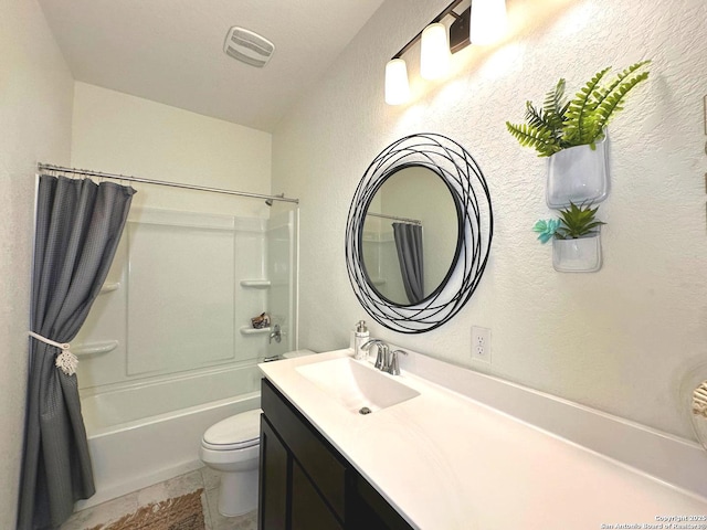 full bathroom with vanity, shower / bathtub combination with curtain, and toilet