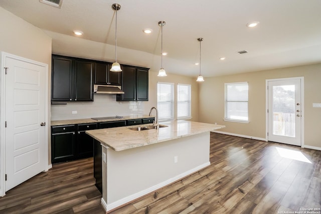 kitchen featuring an island with sink, sink, pendant lighting, and black electric stovetop