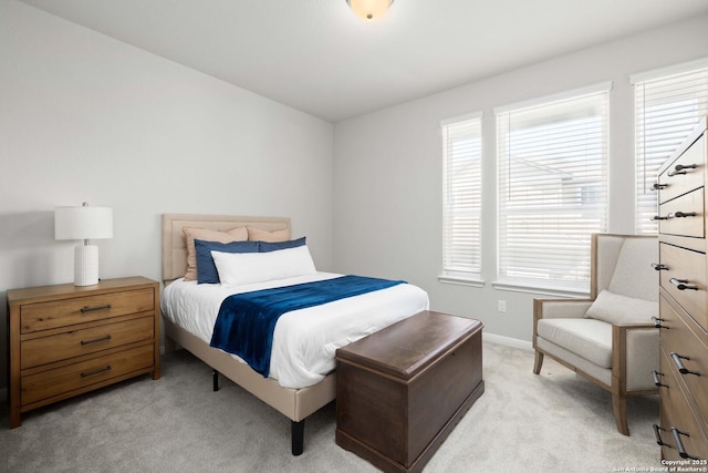 bedroom with light carpet