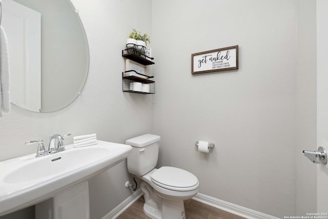 bathroom with wood-type flooring, toilet, and sink