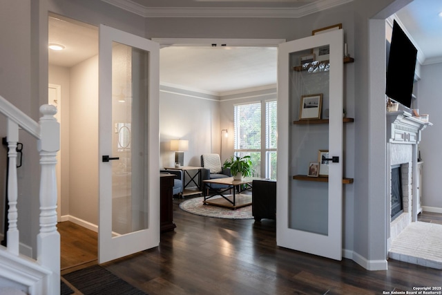 hallway with crown molding and dark hardwood / wood-style flooring