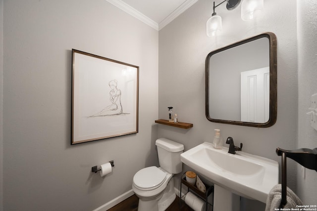 bathroom featuring sink, crown molding, and toilet