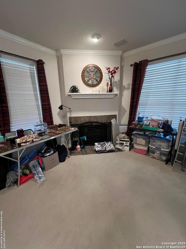 living room with ornamental molding and carpet