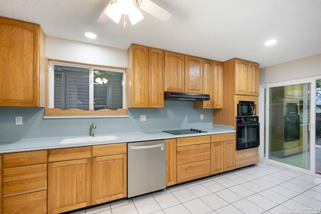 kitchen featuring sink, black appliances, ceiling fan, and light tile patterned flooring