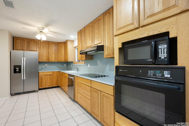 kitchen featuring sink, ceiling fan, black appliances, a textured ceiling, and light tile patterned flooring