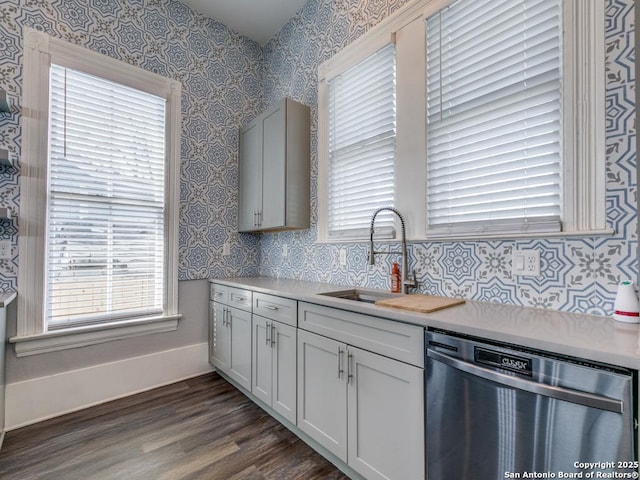 kitchen with dark wood-type flooring, stainless steel dishwasher, a healthy amount of sunlight, and sink