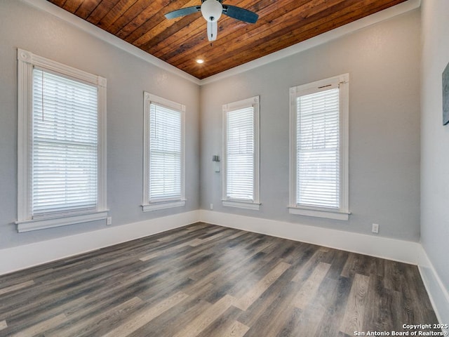 unfurnished room with wood ceiling, plenty of natural light, dark hardwood / wood-style floors, and ceiling fan