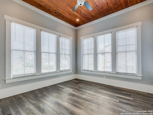 unfurnished room featuring dark hardwood / wood-style flooring, ceiling fan, and wood ceiling