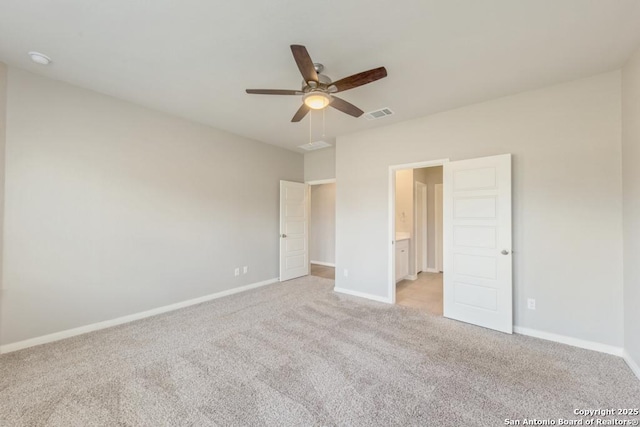 unfurnished bedroom with light carpet and ceiling fan