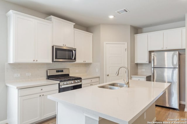 kitchen with white cabinetry, stainless steel appliances, sink, and an island with sink