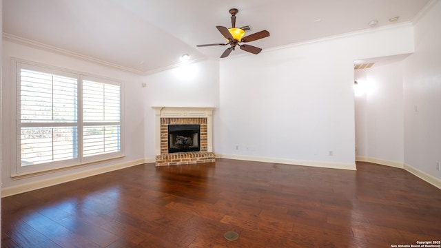 unfurnished living room featuring crown molding, dark hardwood / wood-style floors, and a fireplace