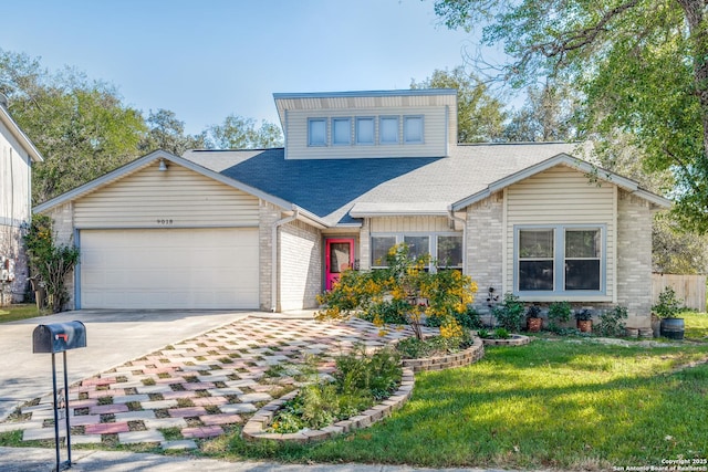 9018 Brickwood, San Antonio, TX 78250 - view of front of house with a shingled roof, an attached garage, a front lawn, brick siding, and concrete driveway
