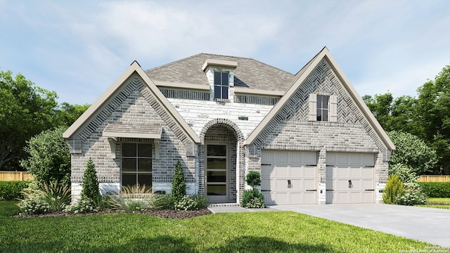 view of front of house featuring a garage and a front lawn