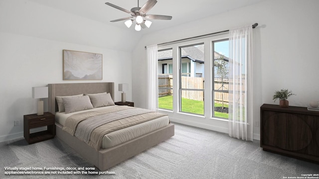 3157 Bee Hl, Schertz, TX 78108 - bedroom featuring carpet floors, baseboards, vaulted ceiling, and a ceiling fan